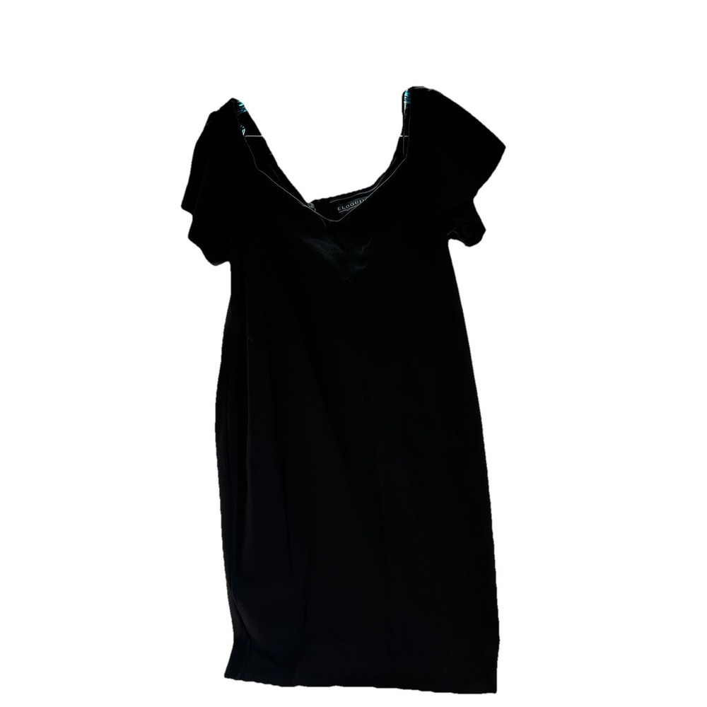 ELOQUII Scuba Knit Dress Off  Shoulder Sleeve Black Sleek Cocktail LBD SZ 14 EUC